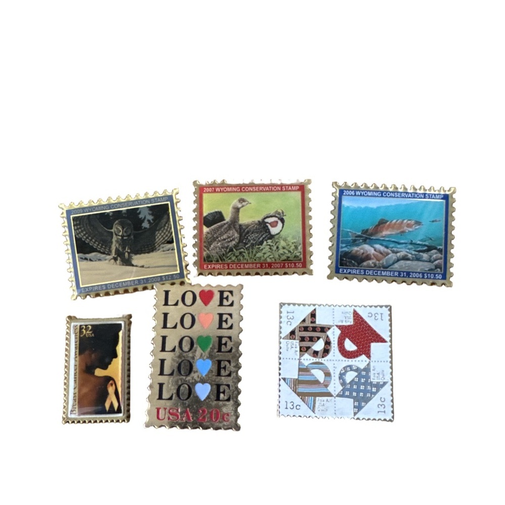 Set of 6 Assorted Vintage Stamp Enamel Pin Collection